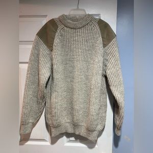 Woolyback tan wool sweater with suede patches